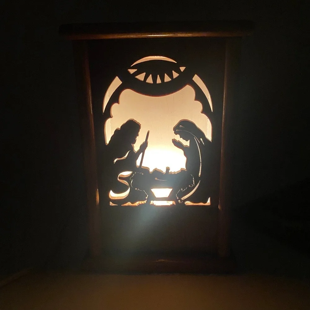 Vintage Handmade Wood Table Night Light w 4 Interchangeable Carved Front Panels